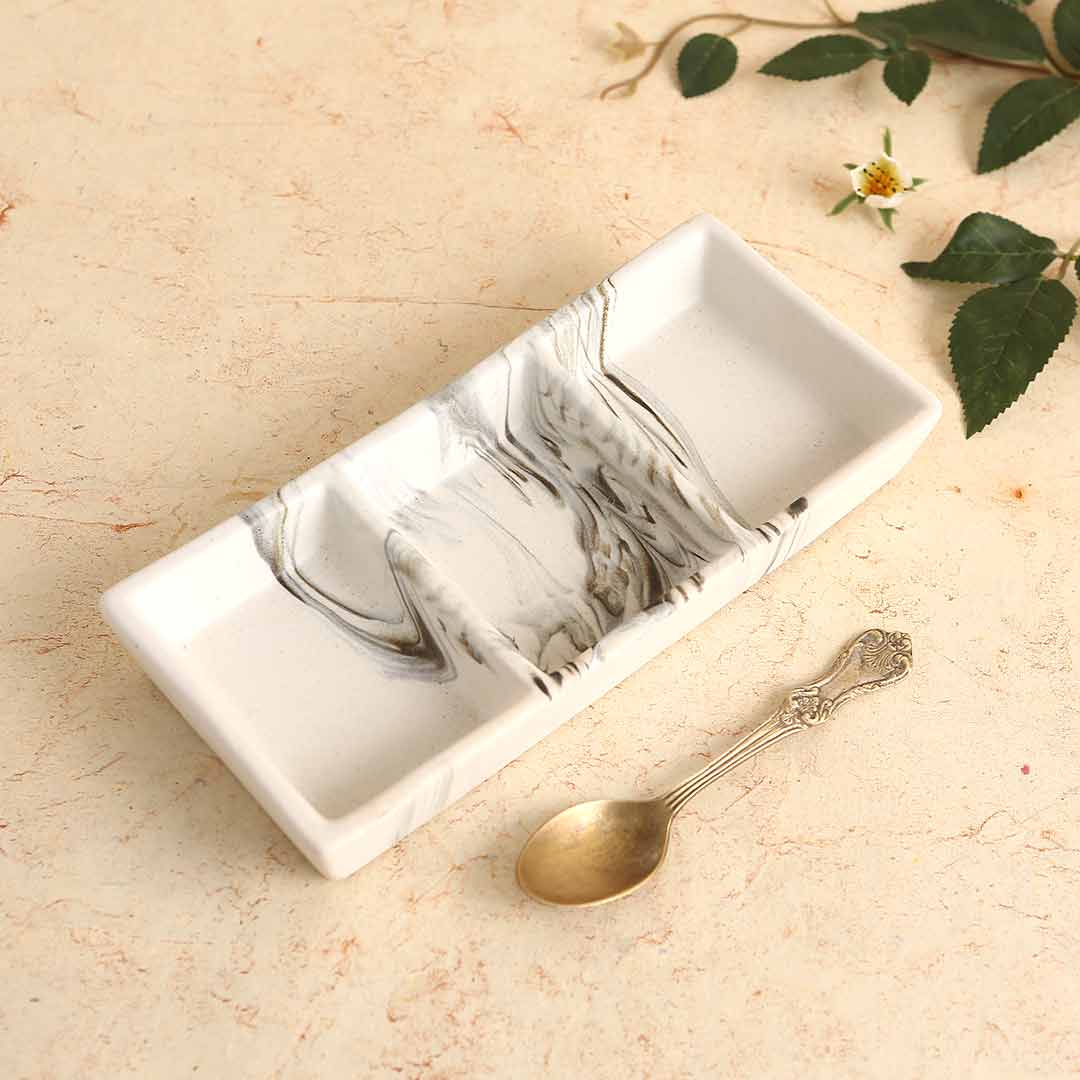 Teramo Stoneware 3 Portion Large Tray - Marble White