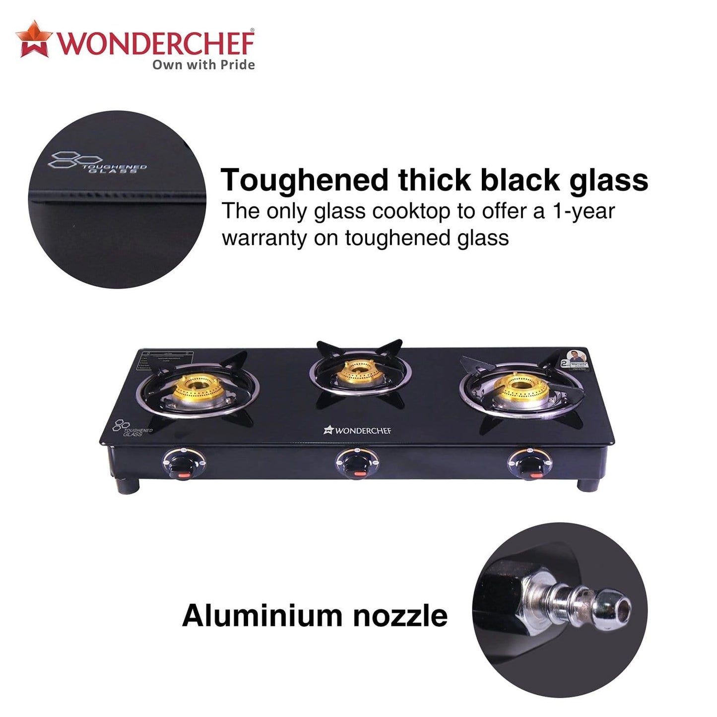 Wonderchef Ruby Black 3 Burner Glass Cooktop - Wonderchef