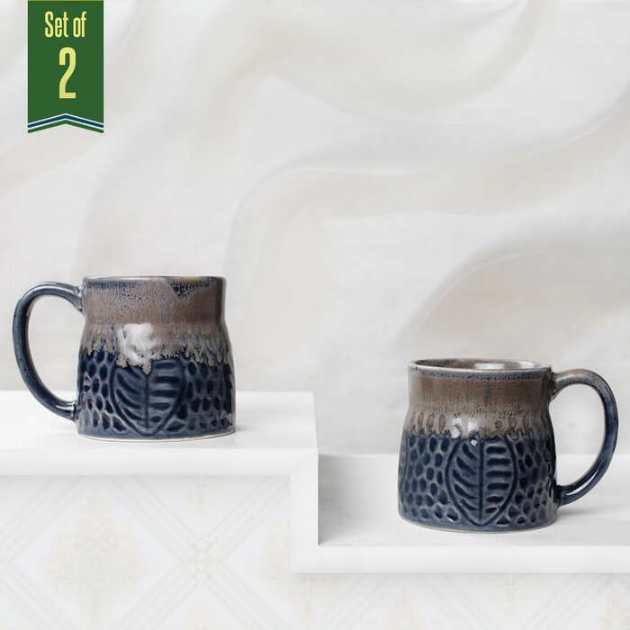 Earth Store Rustic Leaf Blue Mug  (Set of 2)