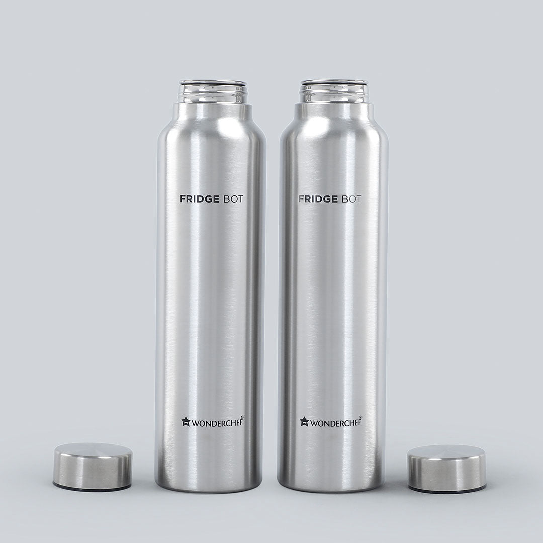 Fridge-Bot, 1000ml (Pack Of 2), Stainless Steel Single Wall Water Bottle, Spill & Leak Proof, 2 Years Warranty