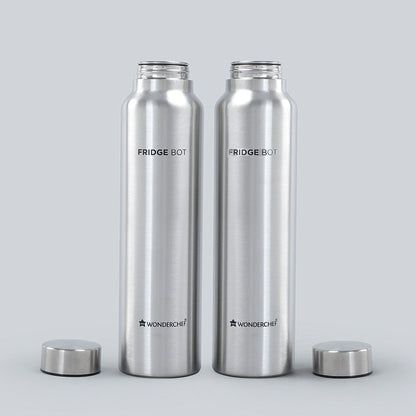 Fridge-Bot, 1000ml (Pack Of 2), Stainless Steel Single Wall Water Bottle, Spill & Leak Proof, 2 Years Warranty