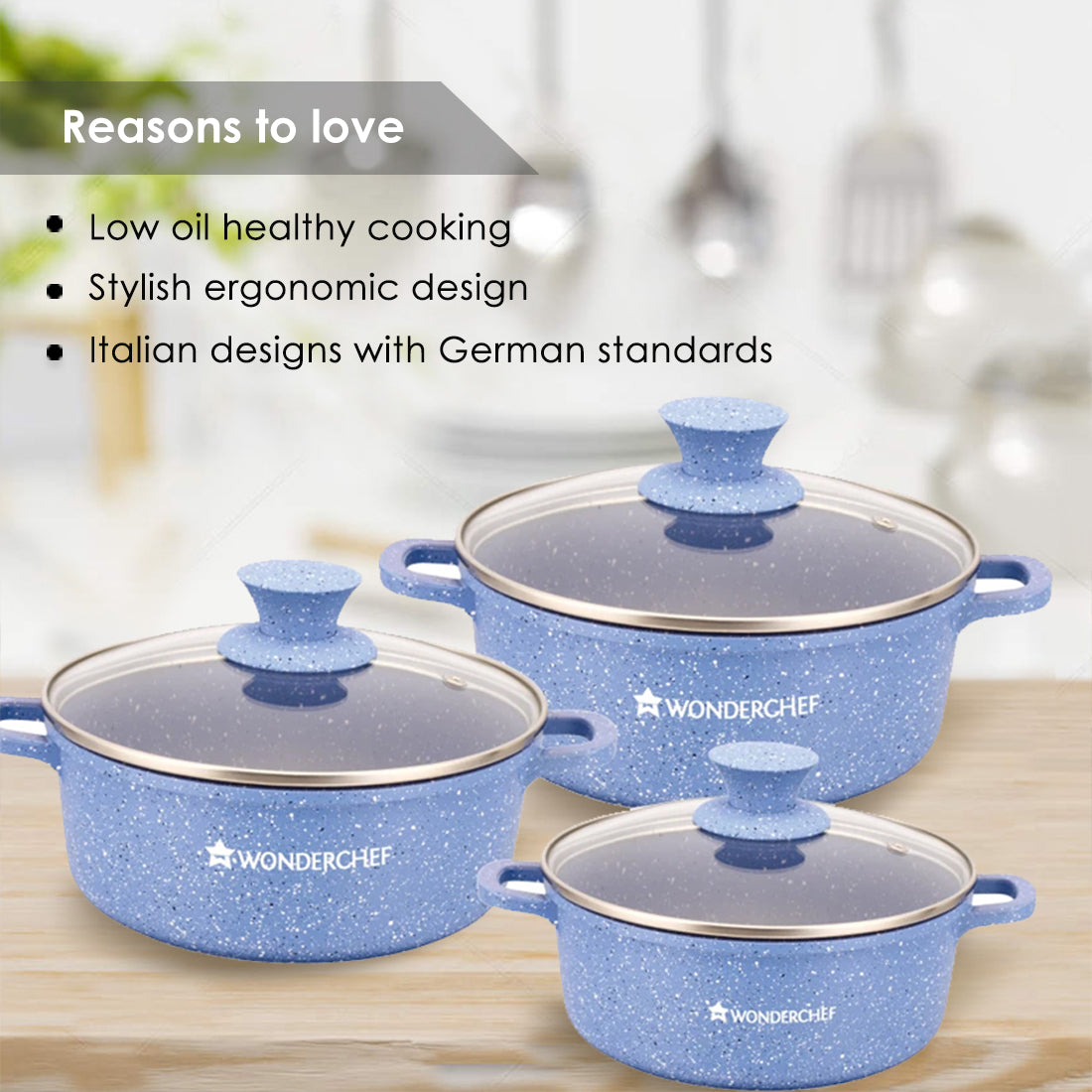 Granite Die-cast Non-stick Casserole Set, 6Pc (1150ML, 2000ML, 4500ML) With Lids, Induction Bottom, Soft Touch Handles, Pure Grade Aluminium, PFOA/Heavy Metal Free, 2 Years Warranty, Blue