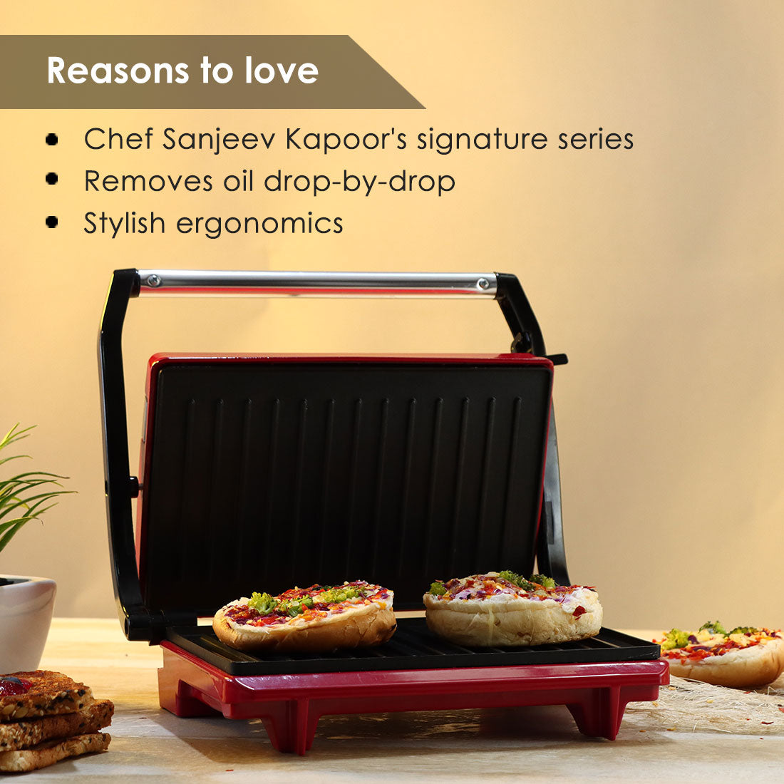 Sanjeev Kapoor Tandoor-Mini Crimson Edge 700W, Non-Stick Coated Plate, Cool Touch Handle, Thermostat Control, 2 Years Warranty