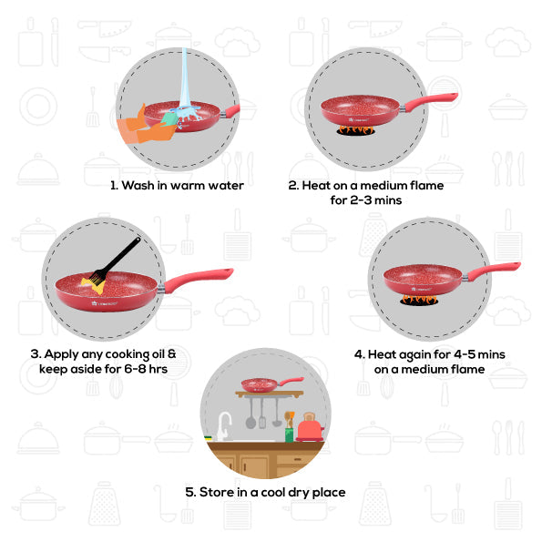 Royal Velvet Non-stick Cookware Set, 5Pc (Fry Pan with Lid, Wok, Dosa Tawa, Mini Fry Pan) Induction bottom, Soft-touch handles, Virgin Grade Aluminium, PFOA/Heavy Metals Free, 3 mm, 2 Years Warranty, Red