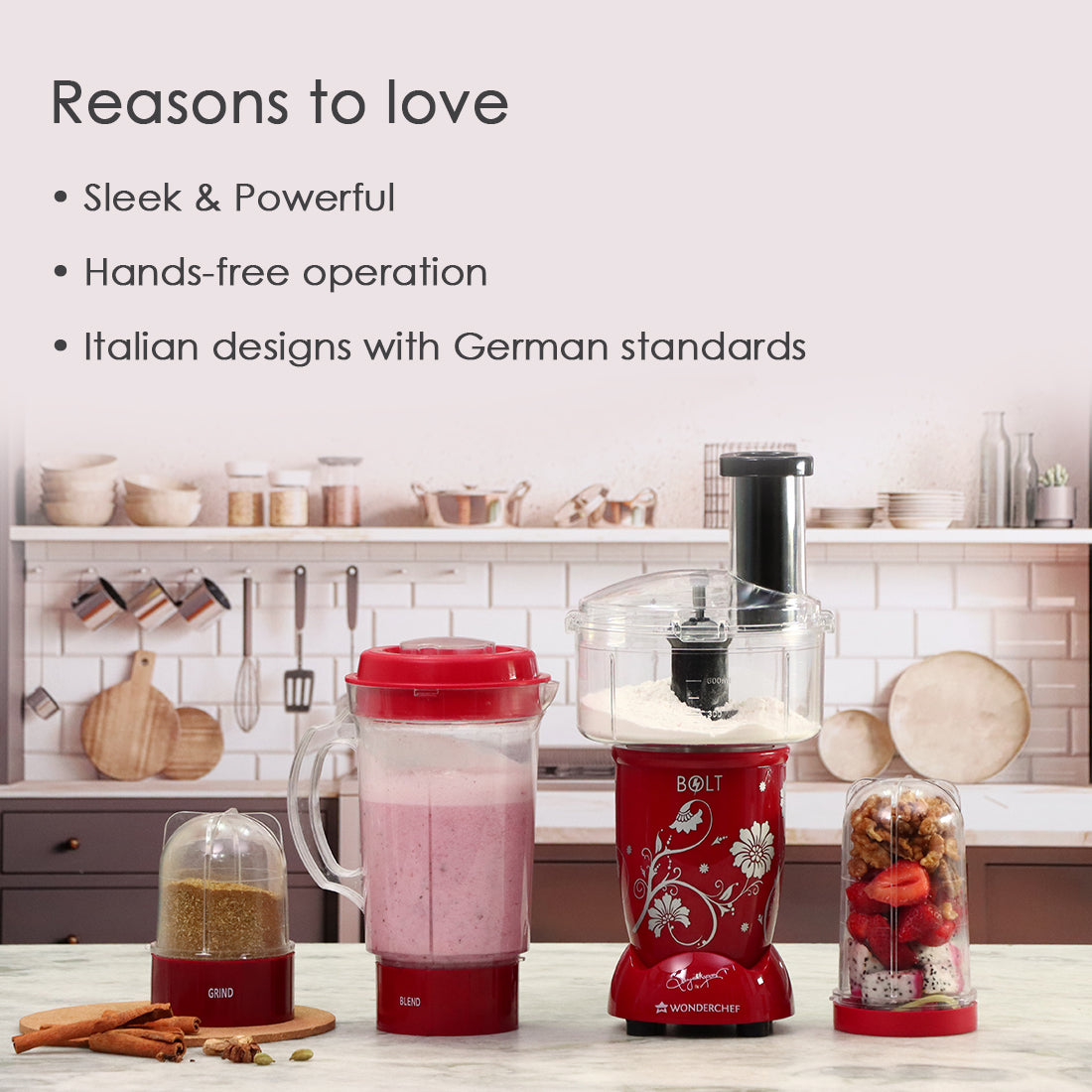 Nutri-blend BOLT-600W Mixer With Compact Food Processor & Atta Kneader, Stronger & Swifter With Sipper Lid, 22000RPM, 4 Unbreakable Jars, Sharper Steel Blades, 2 Yrs Warranty, Red, E-Recipe Book By Chef Sanjeev Kapoor