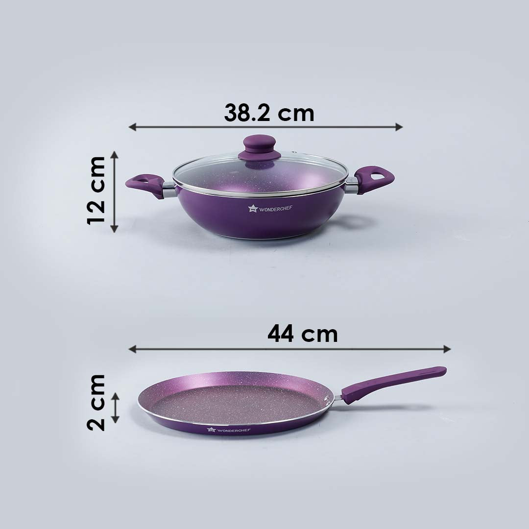 Orchid Non-stick Cookware Set, 3Pc (Wok with Lid, Dosa Tawa), Induction Bottom, Soft Touch Handle, Pure Grade Aluminium, PFOA Free, Purple