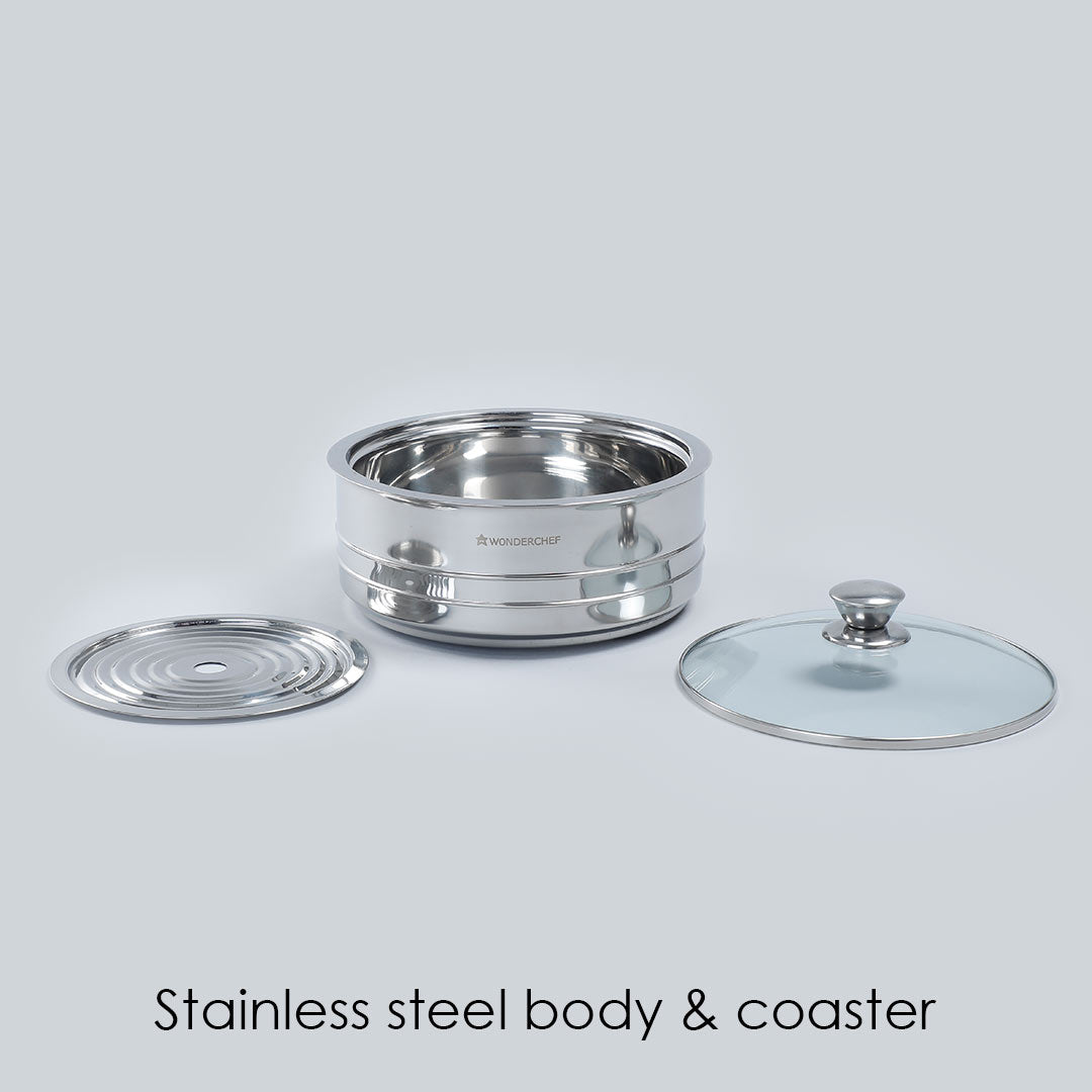 Austin Serving Stainless Steel Casserole with Lid, Dome-shaped Glass Lid- 0.6mm, 2 Years Warranty