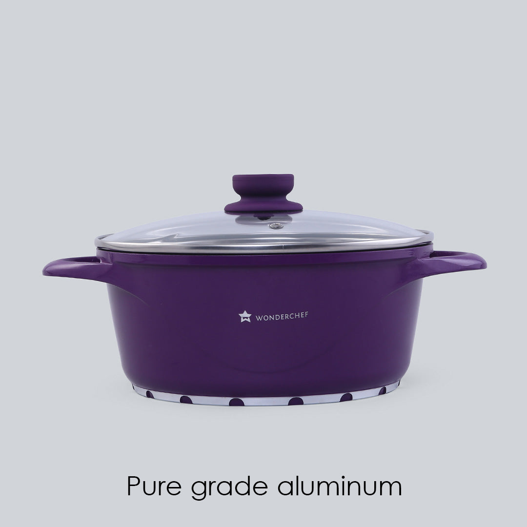 Ceramide Excellence Casserole Set, 3Pc (1200ML, 2000ML, 3500ML), Induction Friendly, Glass Lid, 2 Years Warranty, Purple