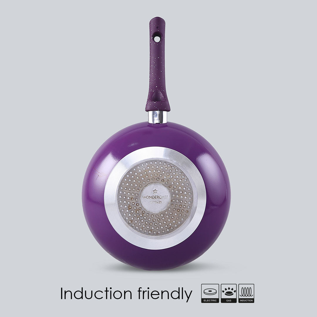 Granite Aluminium Non-stick  Wok with Glass Lid, 24cm, 2.7L, 3.5mm, Purple, Compatible On Hot Plate, Hobs, Gas Stove, Ceramic Plate And Induction, 2 Years Warranty