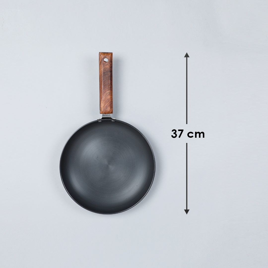 Ebony Deep Fry Pan, Induction Bottom, Wooden Handle, Hard Anodized Aluminium- 16.5cm, 750ml, 3.25mm, 5 Years Warranty, Grey