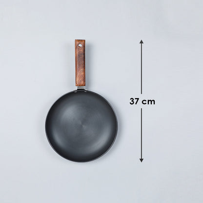 Ebony Deep Fry Pan, Induction Bottom, Wooden Handle, Hard Anodized Aluminium- 16.5cm, 750ml, 3.25mm, 5 Years Warranty, Grey