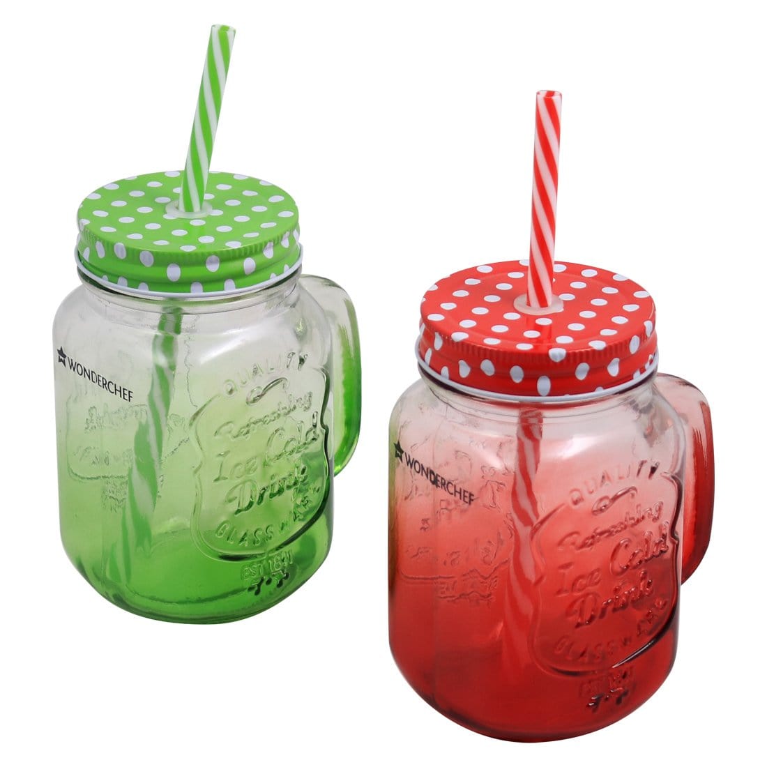 Wonderchef Mason Jar Set 450Ml (Red And Green) - Wonderchef