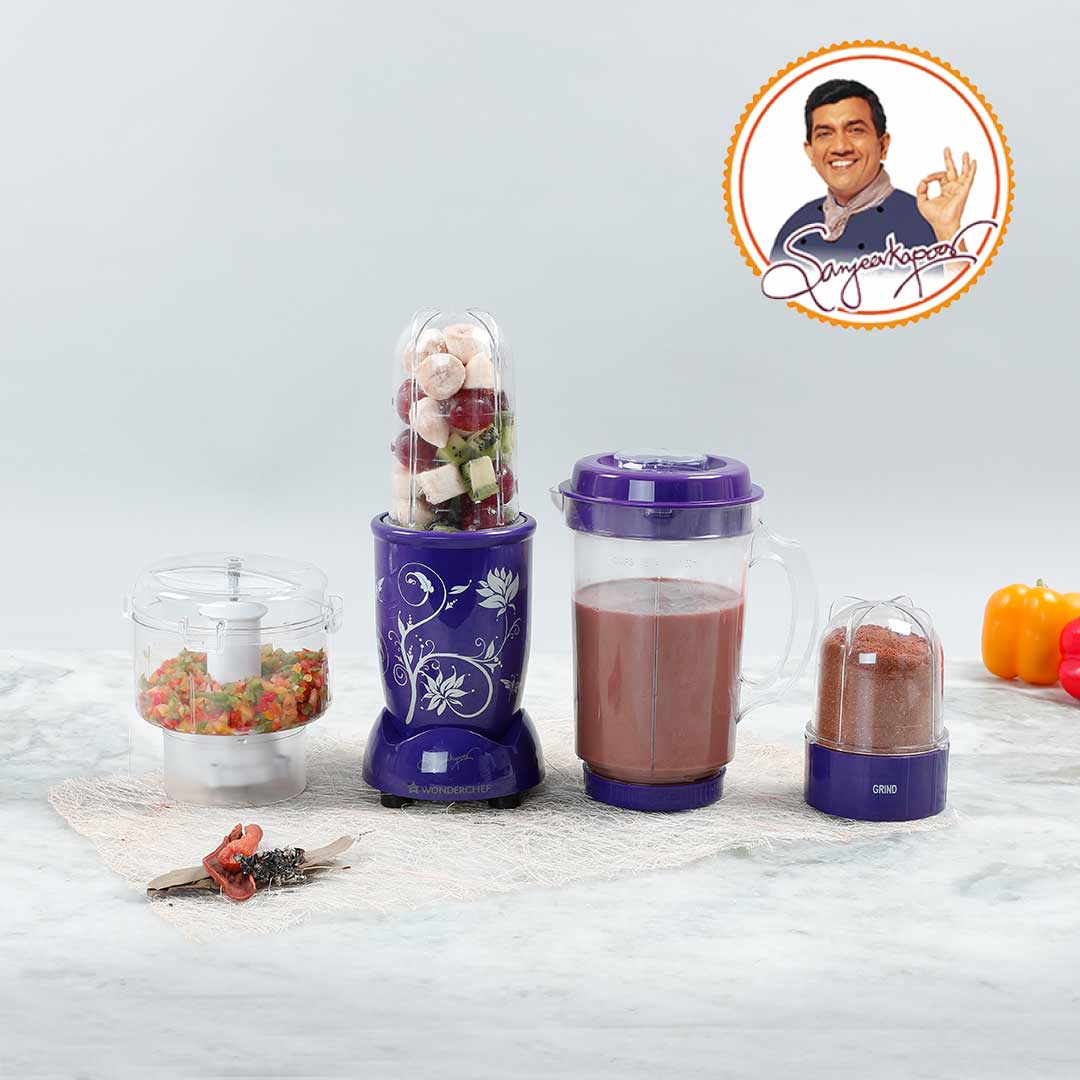 Nutri-blend Complete Kitchen Machine, 400W, 22000 RPM Mixer-Grinder, Blender, Chopper, Juicer, SS Blades, 4 Unbreakable Jars, 2 Years Warranty, Purple, Online Recipe Book By Chef Sanjeev Kapoor