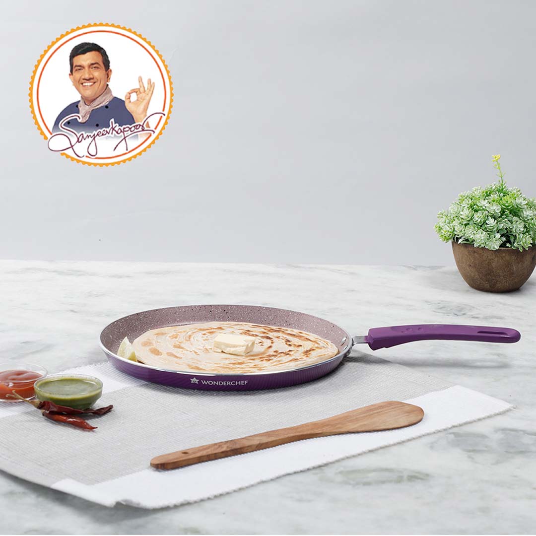 Royal Velvet Non-stick Dosa Tawa, Induction bottom, Soft-touch handle, Virgin grade aluminium, PFOA/Heavy metals free,  3mm, 25cm, 2 years warranty, Purple