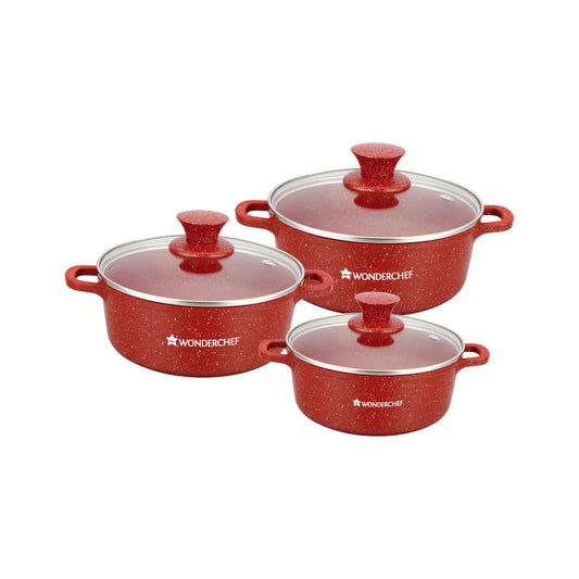 Granite Die-cast Non-stick Casserole Set, 6Pc (1150ML, 2000ML, 4500ML) With Lids, Induction Bottom, Soft Touch Handles, Pure Grade Aluminium, PFOA/Heavy Metal Free, 2 Years Warranty, Red