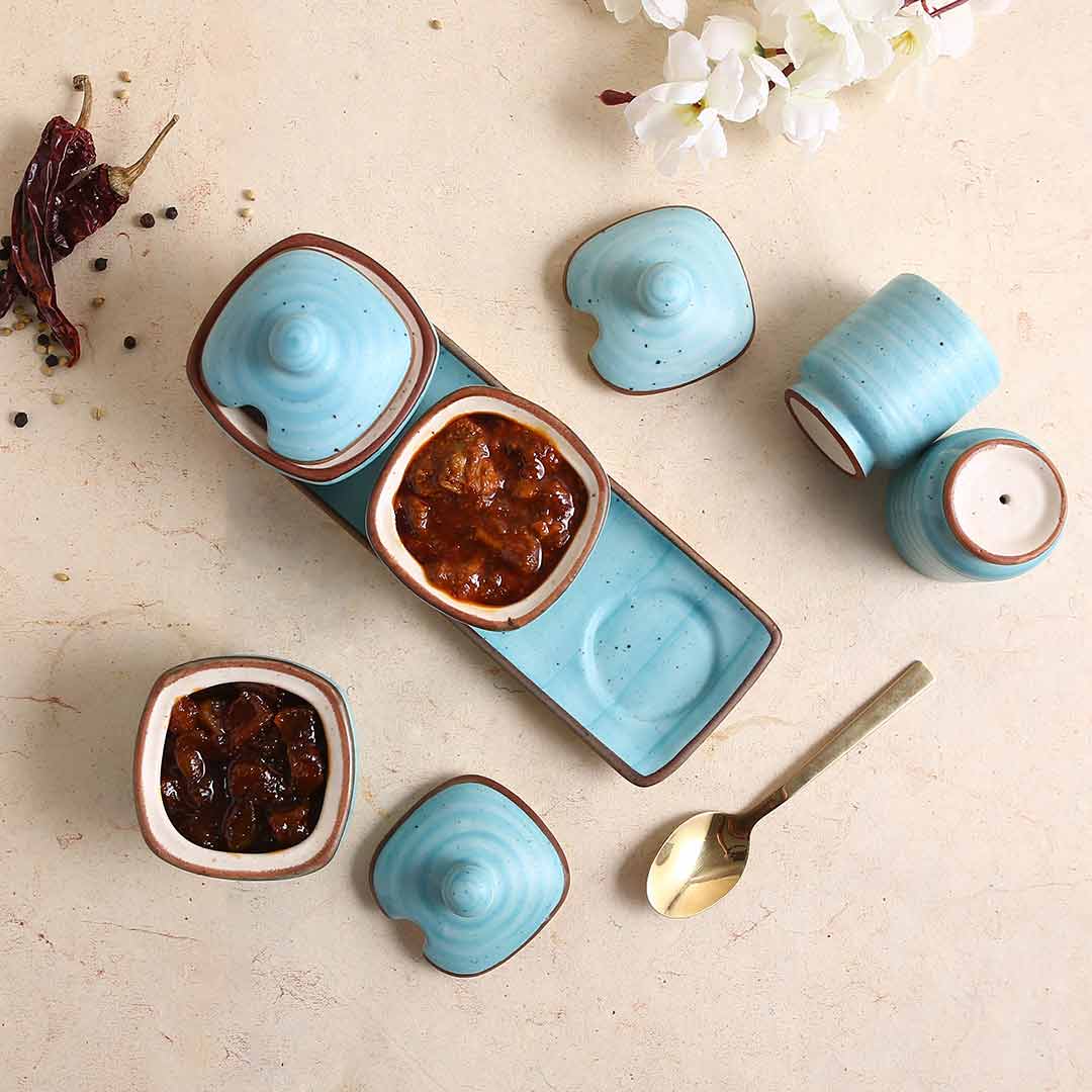 Teramo Stoneware 3 pcs Pickle Set with Lid & Tray  Blue and Salt & pepper Set Blue