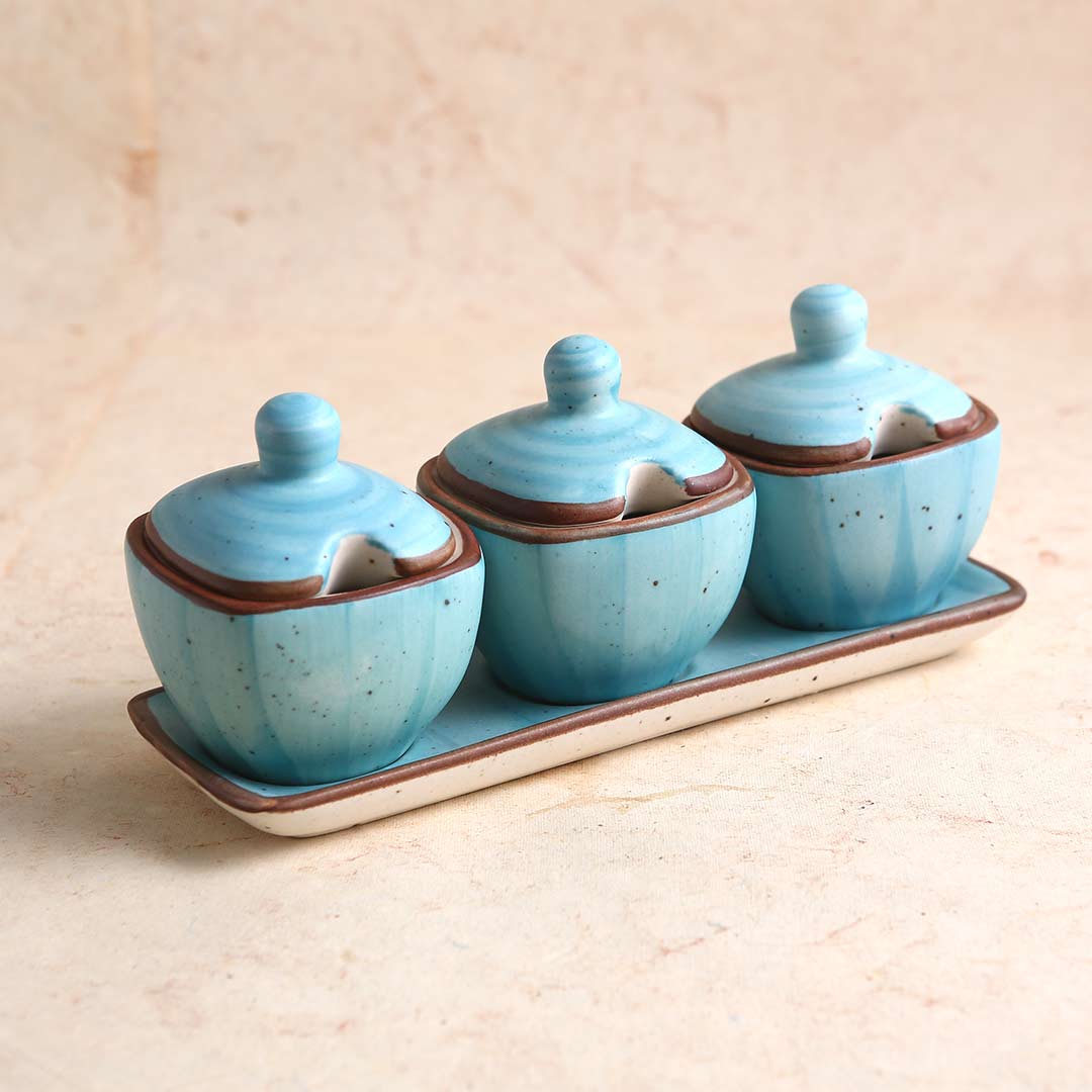 Teramo Stoneware 3pcs Pickle Set with Lid & Tray - Blue