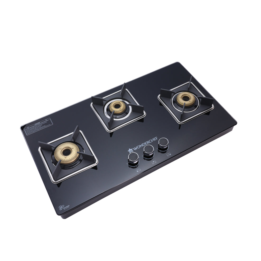 Octavia 3 Burner Glass Hob Top Cooktop, Black 8mm Toughened Glass with 2 Years Warranty, Ergonomic Knobs, Forged Brass Burners, Stainless Steel Drip Tray, Manual ignition