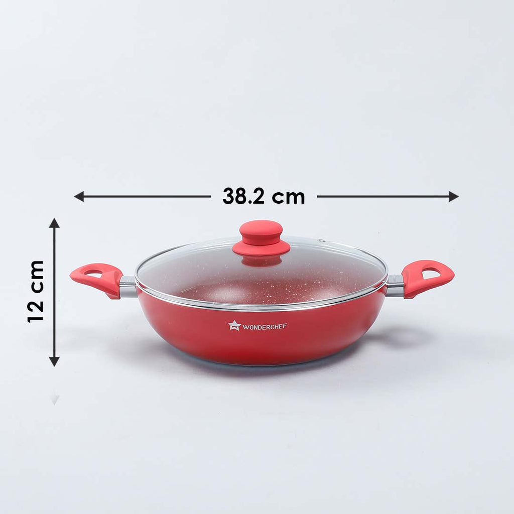 Royal Velvet Non-stick Wok with Lid, Induction bottom, Soft-touch handle, Virgin grade aluminium, PFOA/Heavy metals free, 3 mm, 24cm, 2.7 Litres, 2 years warranty, Red