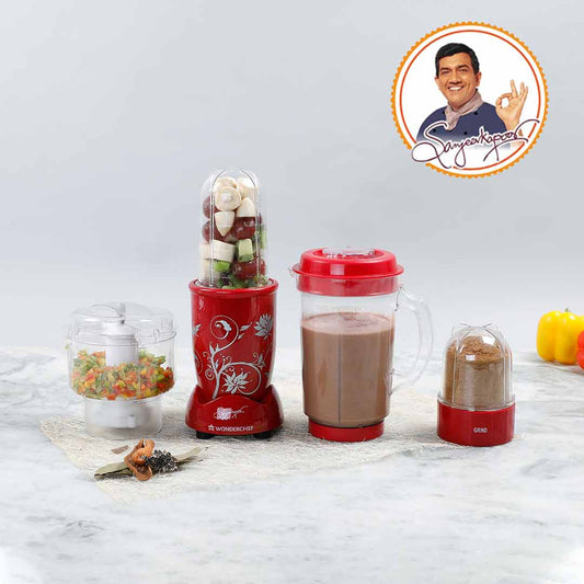 Nutri-blend Complete Kitchen Machine, 400W, 22000 RPM Mixer-Grinder, Blender, Chopper, Juicer, SS Blades, 4 Unbreakable Jars, 2 Years Warranty, Red, Online Recipe Book By Chef Sanjeev Kapoor