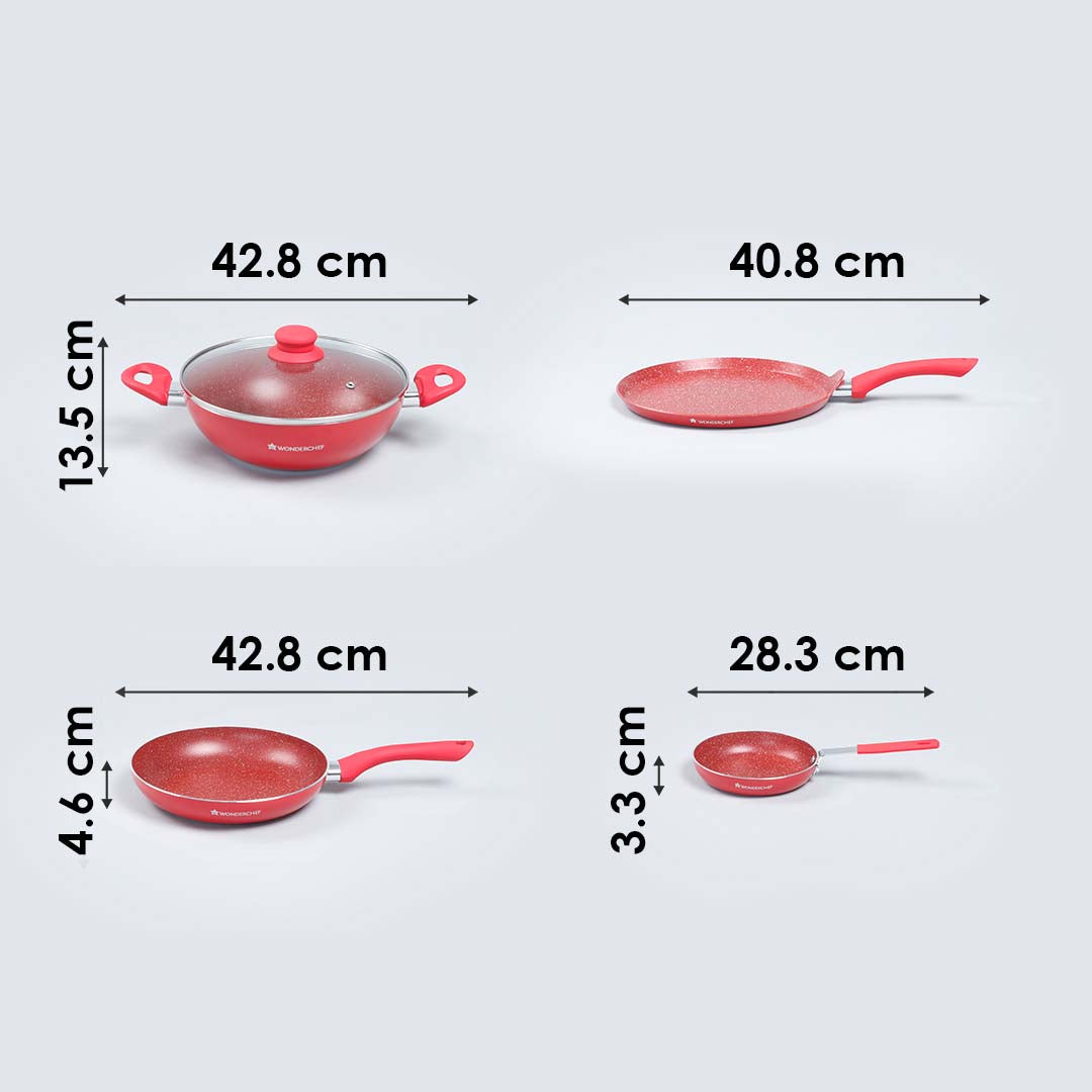 Royal Velvet Non-stick Cookware Set, 5Pc (Fry Pan with Lid, Wok, Dosa Tawa, Mini Fry Pan) Induction bottom, Soft-touch handles, Virgin Grade Aluminium, PFOA/Heavy Metals Free, 3 mm, 2 Years Warranty, Red