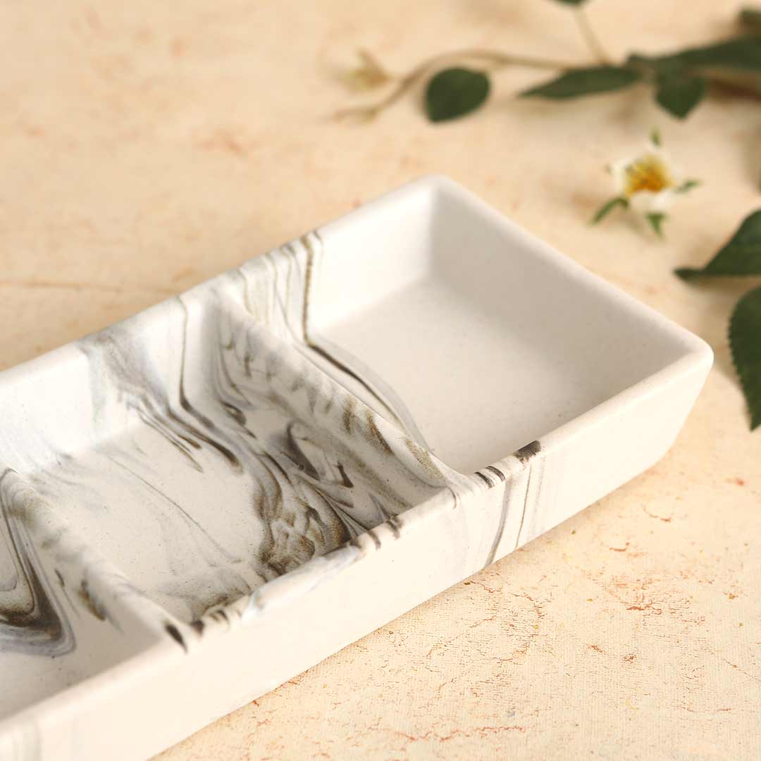 Teramo Stoneware 3 Portion Large Tray - Marble White