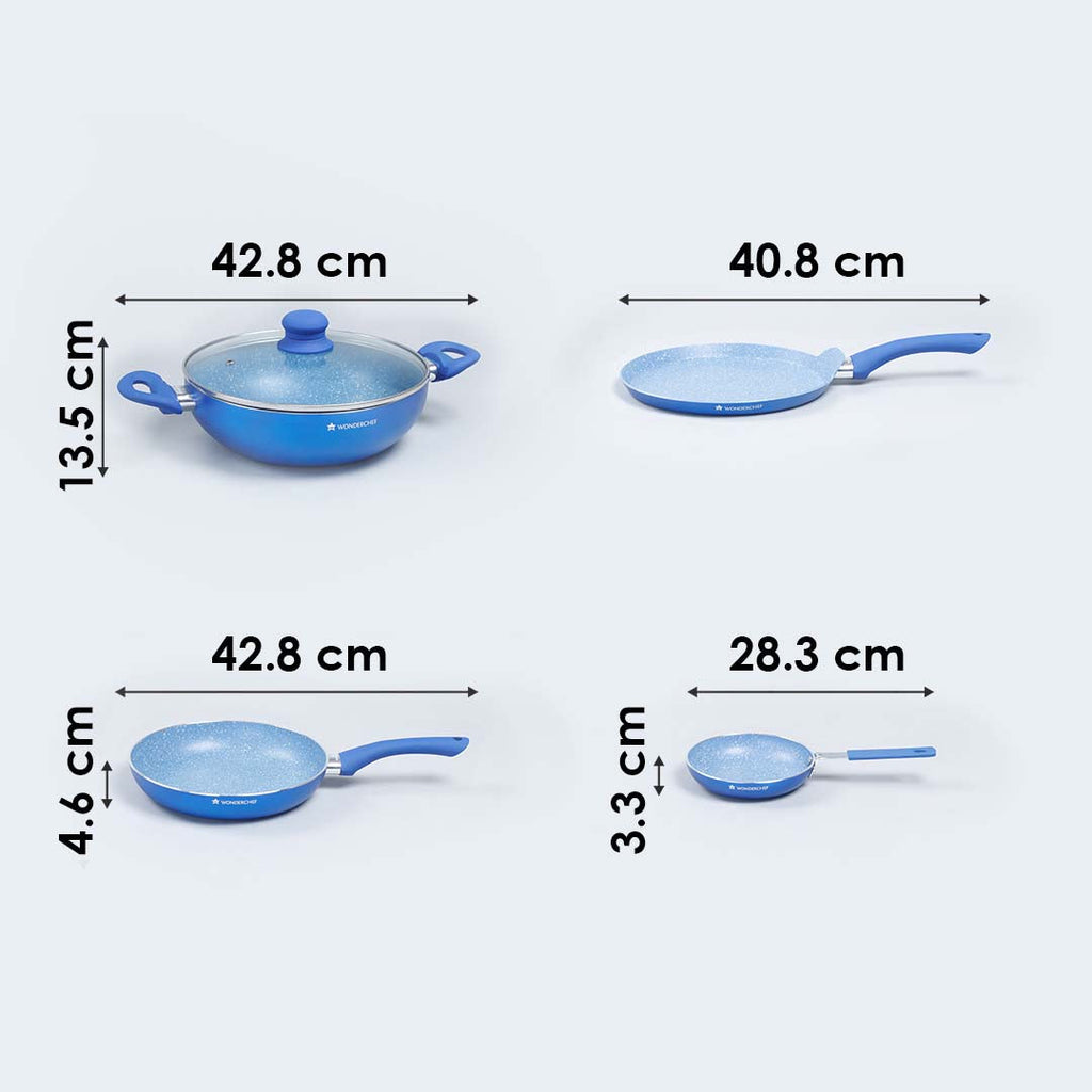 Royal Velvet Non-stick Cookware Set, 5Pc (Fry Pan with Lid, Wok, Dosa Tawa, Mini Fry Pan) Induction Bottom, Soft-touch Handles, Virgin Grade Aluminium, PFOA/Heavy Metals Free, 3mm, 2 Years Warranty, Blue