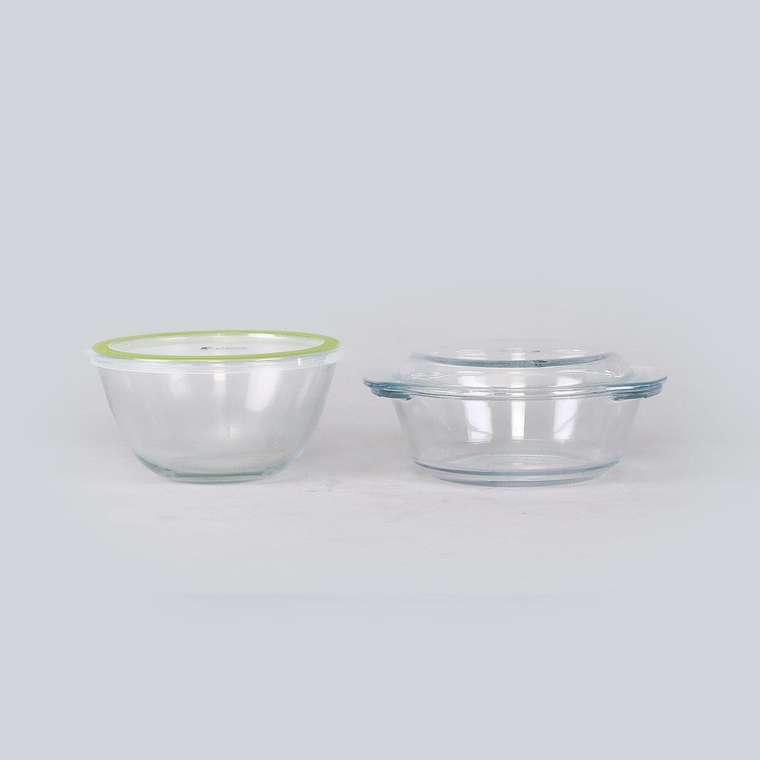 Victoria Borosilicate Glass 1 Casserole 1050ml + 1 Mixing Bowl 1000ml With Lids -  Set Of 2 Pcs