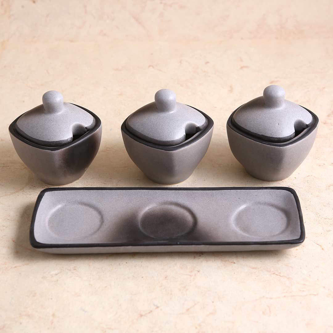 Teramo Stoneware 3pcs Pickle Set with Lid & Tray - Grey