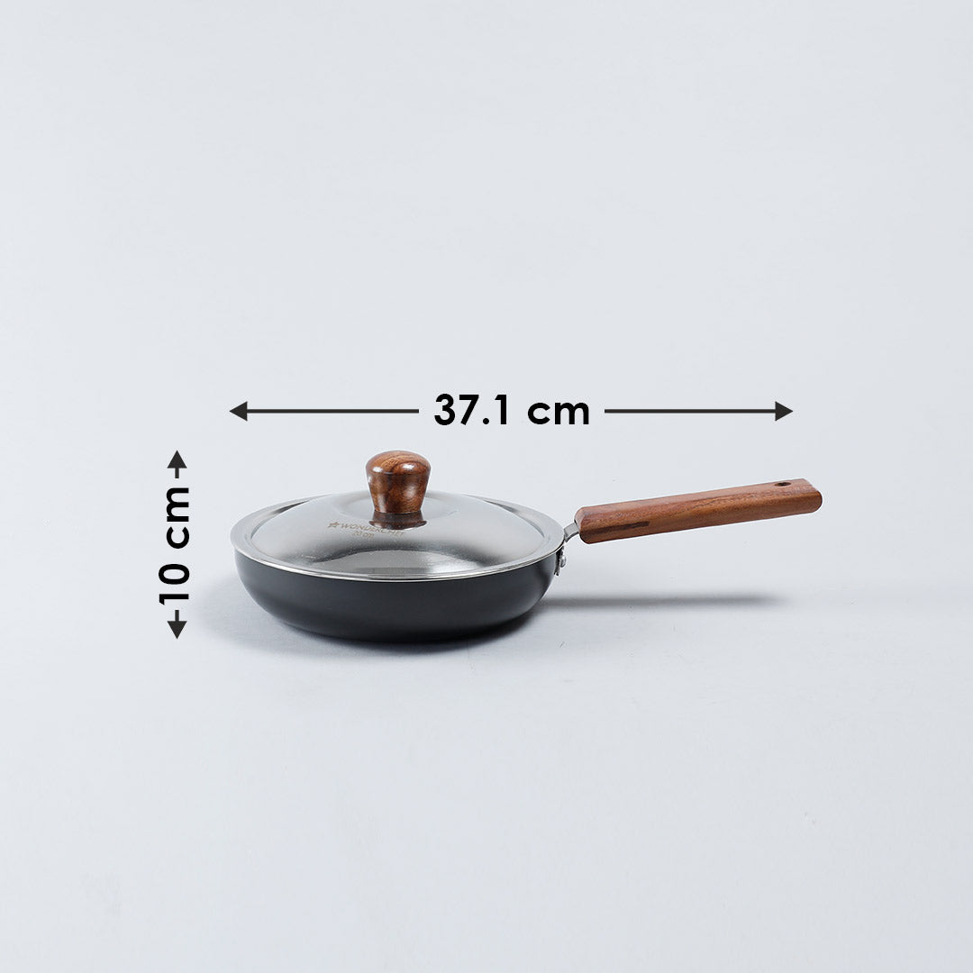 Ebony Deep Fry Pan with Lid, Induction Bottom, Wooden Handle, Hard Anodized Aluminium-  3.25mm, 5 Years Warranty, Grey