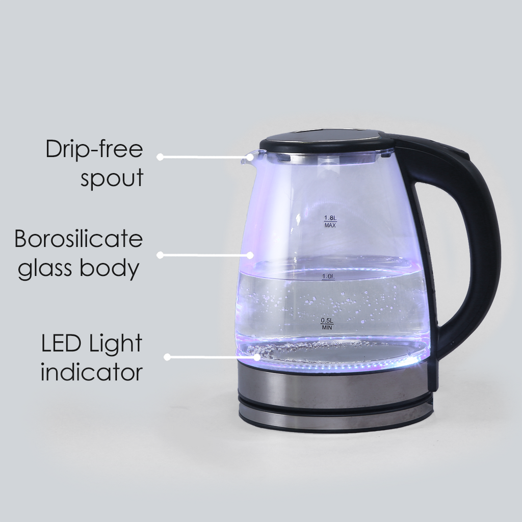 Azure Electric Glass Kettle, 1.8L, Borosilicate Glass Body, Stainless Steel Heating Plate, 1500W, 1 Year Warranty