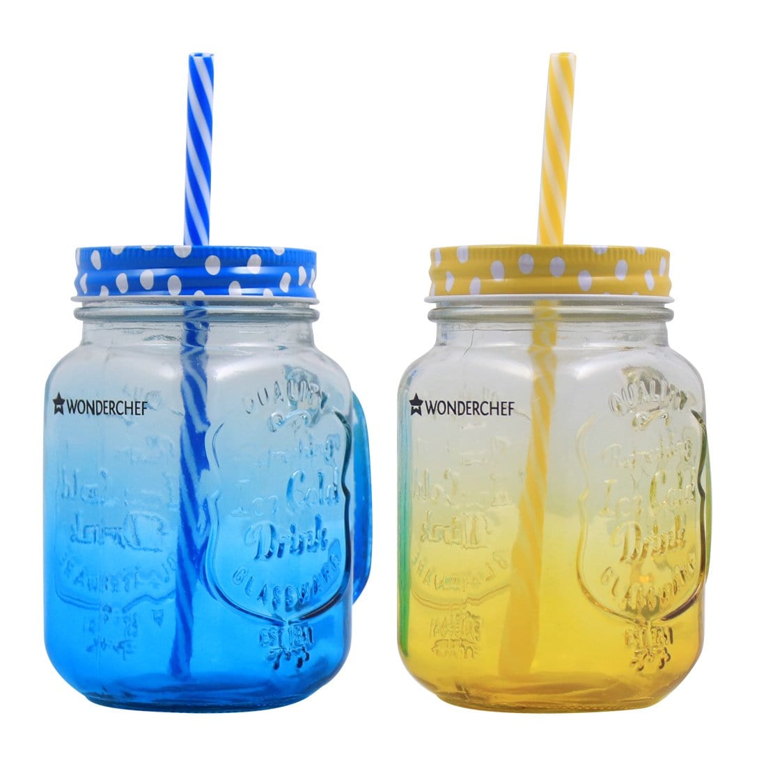 Wonderchef Mason Jar Set 450Ml (Yellow And Blue) - Wonderchef