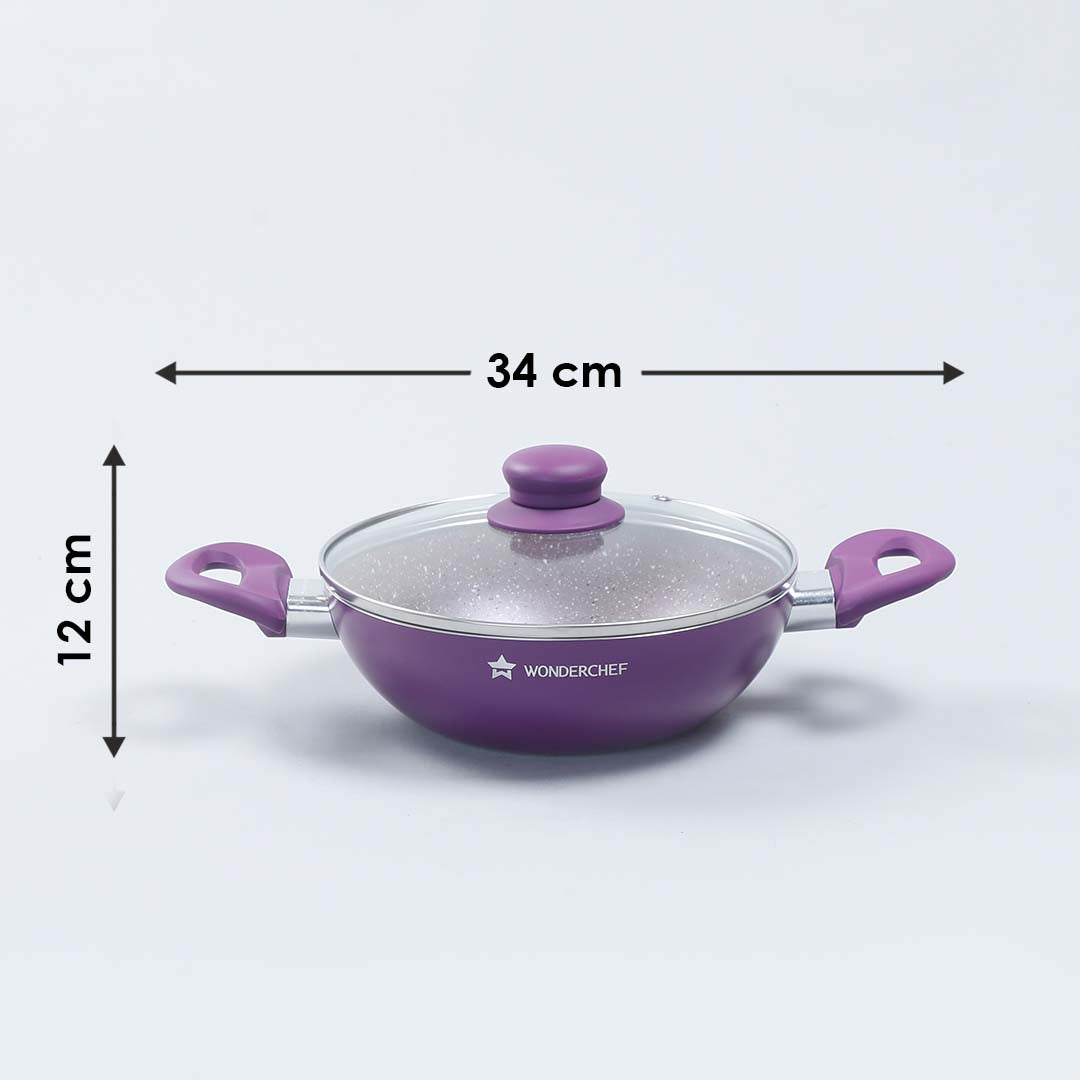 Royal Velvet Non-stick Wok with Lid, Induction bottom, Soft-touch handle, Virgin grade aluminium, PFOA/Heavy metals free, 3 mm, 2 years warranty, Purple