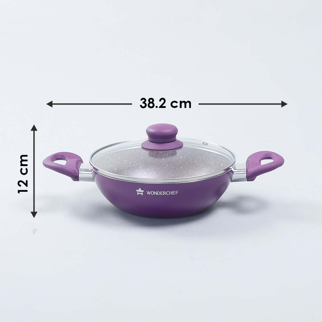 Royal Velvet Non-stick Wok with Lid, Induction bottom, Soft-touch handle, Virgin grade aluminium, PFOA/Heavy metals free, 3 mm, 2 years warranty, Purple