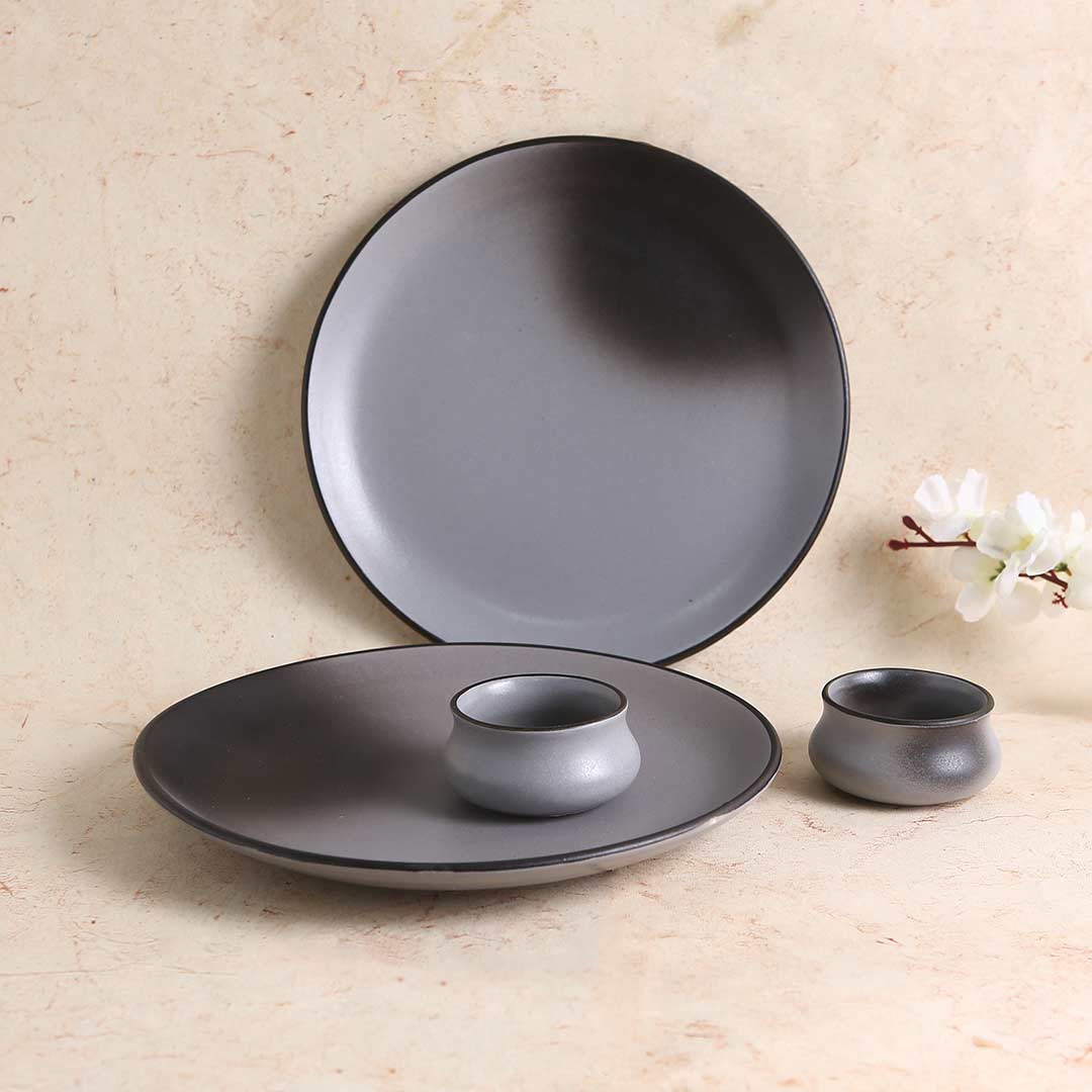 Teramo Stoneware 10" plate Grey (Set of 2) and Vati 8cm x 4 cm ht Grey (Set of 2)