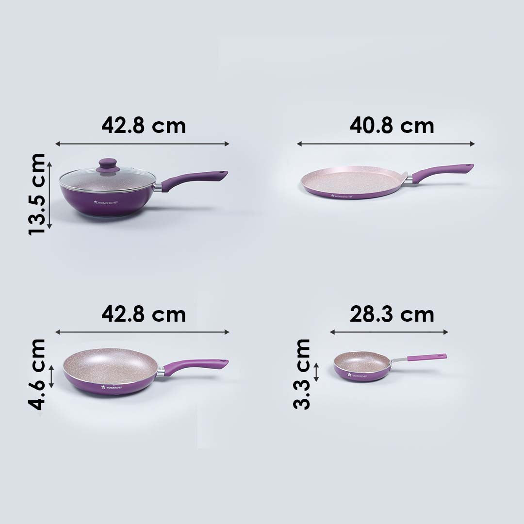 Royal Velvet Non-stick Cookware Set, 5Pc (Fry Pan with Lid, Wok, Dosa Tawa, Mini Fry Pan) Induction bottom, Soft-touch handles, Virgin Grade Aluminium, PFOA/Heavy Metals Free, 3mm, 2 Years Warranty, Purple