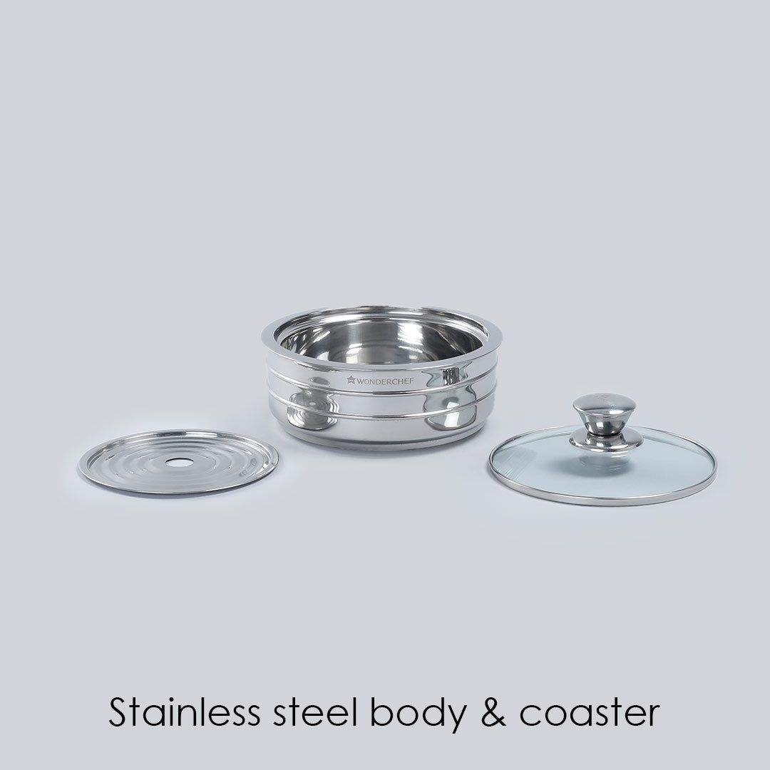 Austin Serving Stainless Steel Casserole with Lid, Dome-shaped Glass Lid- 0.6mm, 2 Years Warranty