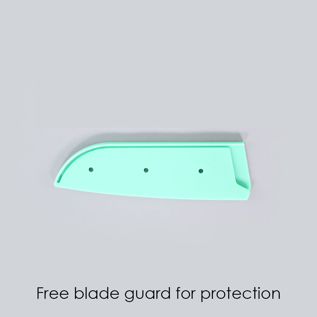 Easy Slice Stainless Steel Knife 6 Inches, Razor Sharp Double-Edged Blade, Hollow Blade Design, Full-Tang Construction, Plastic Guard For Protection, 5 Years Warranty, Green