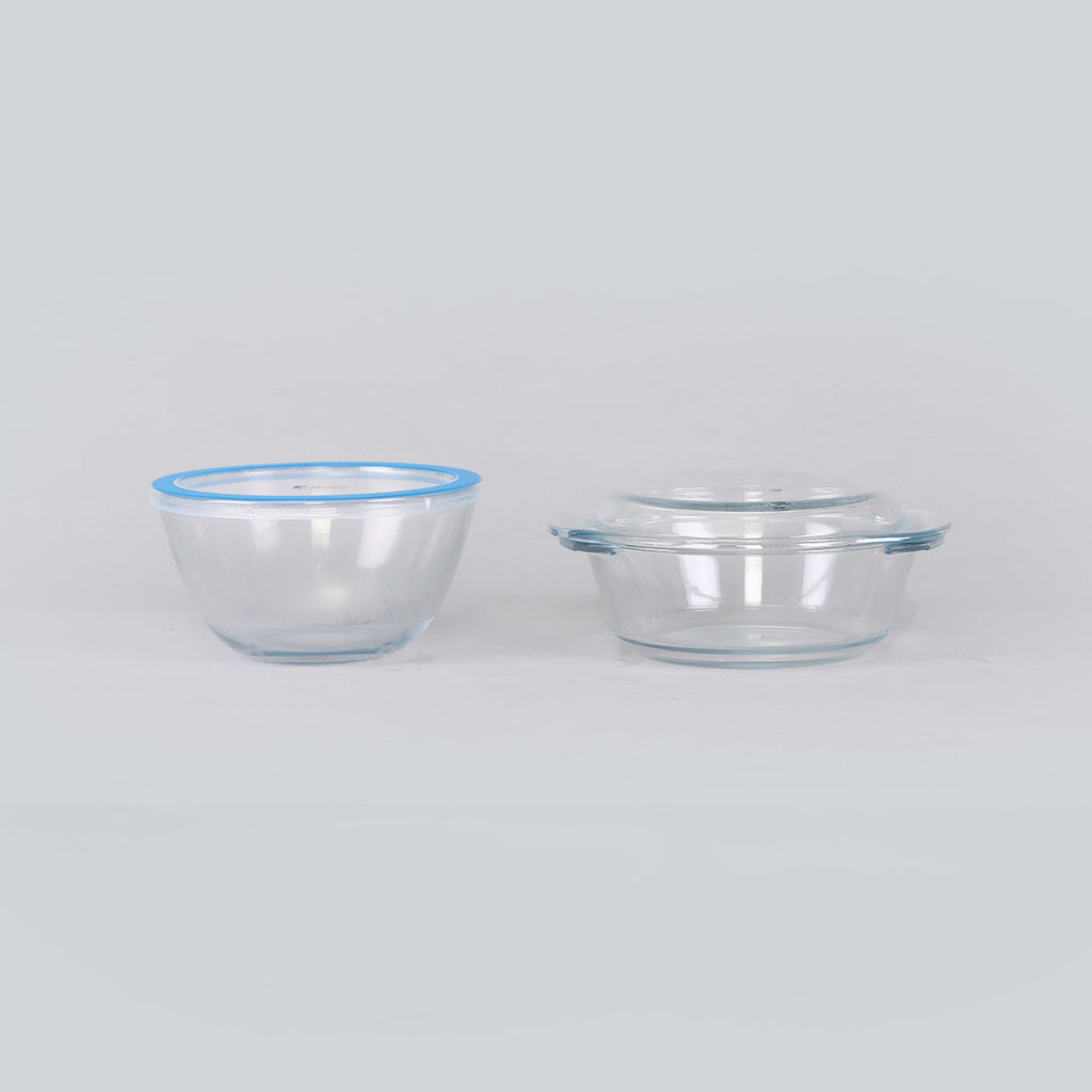 Victoria Borosilicate Glass 1 Casserole 1050ml + 1 Mixing Bowl 1000ml With Lids -  Set Of 2 Pcs