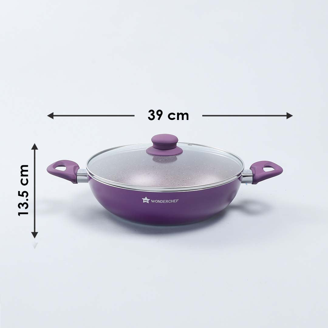 Royal Velvet Non-stick Wok with Lid, Induction bottom, Soft-touch handle, Virgin grade aluminium, PFOA/Heavy metals free, 3 mm, 2 years warranty, Purple