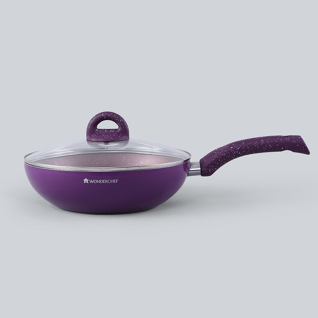 Granite Aluminium Non-stick  Wok with Glass Lid, 24cm, 2.7L, 3.5mm, Purple, Compatible On Hot Plate, Hobs, Gas Stove, Ceramic Plate And Induction, 2 Years Warranty