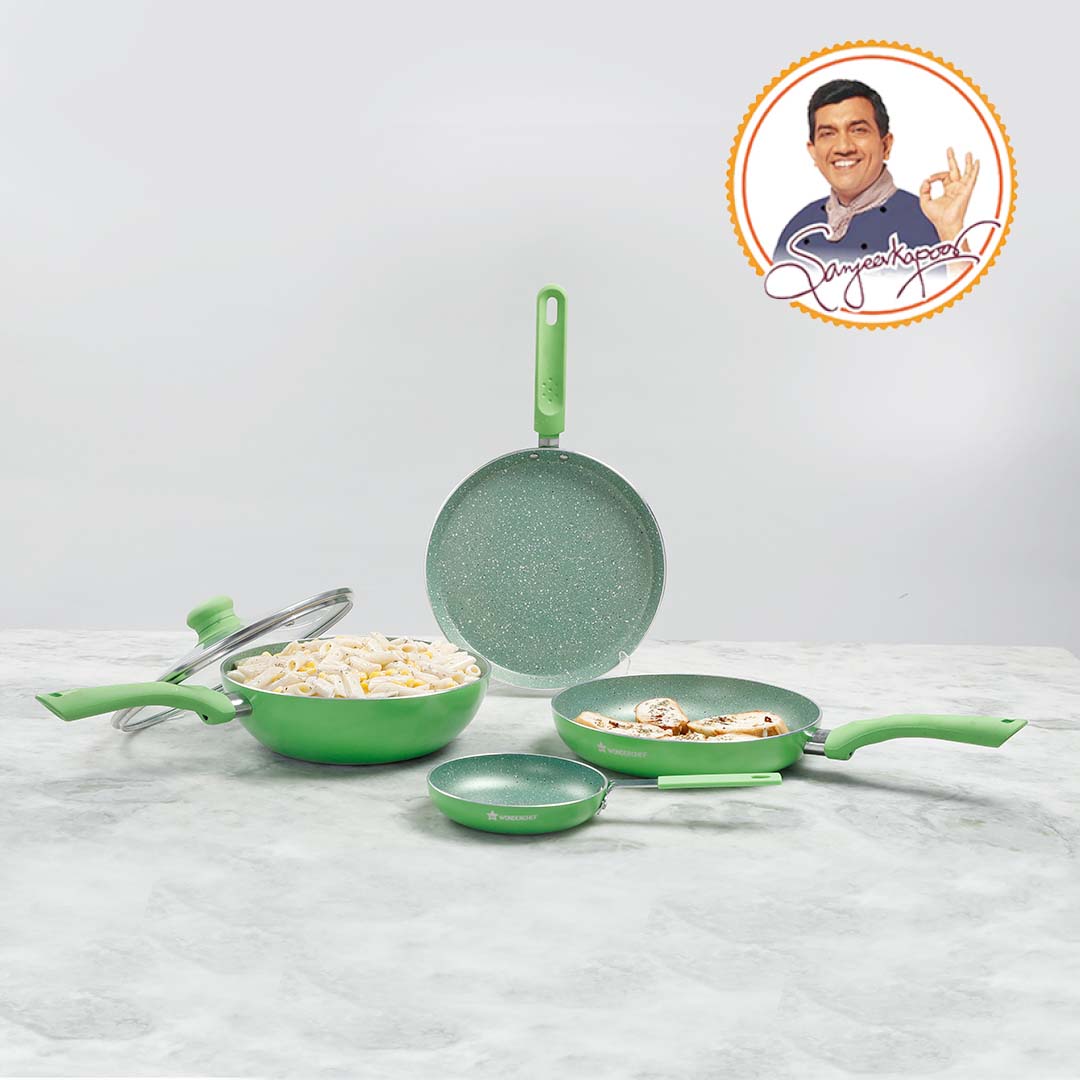 Royal Velvet Non-stick Cookware Set, 5Pc (Fry Pan with Lid, Wok, Dosa Tawa, Mini Fry Pan), Induction Bottom, Soft-touch Handles, Virgin Grade Aluminium, PFOA/Heavy Metals Free, 3 mm, 2 Years Warranty, Green