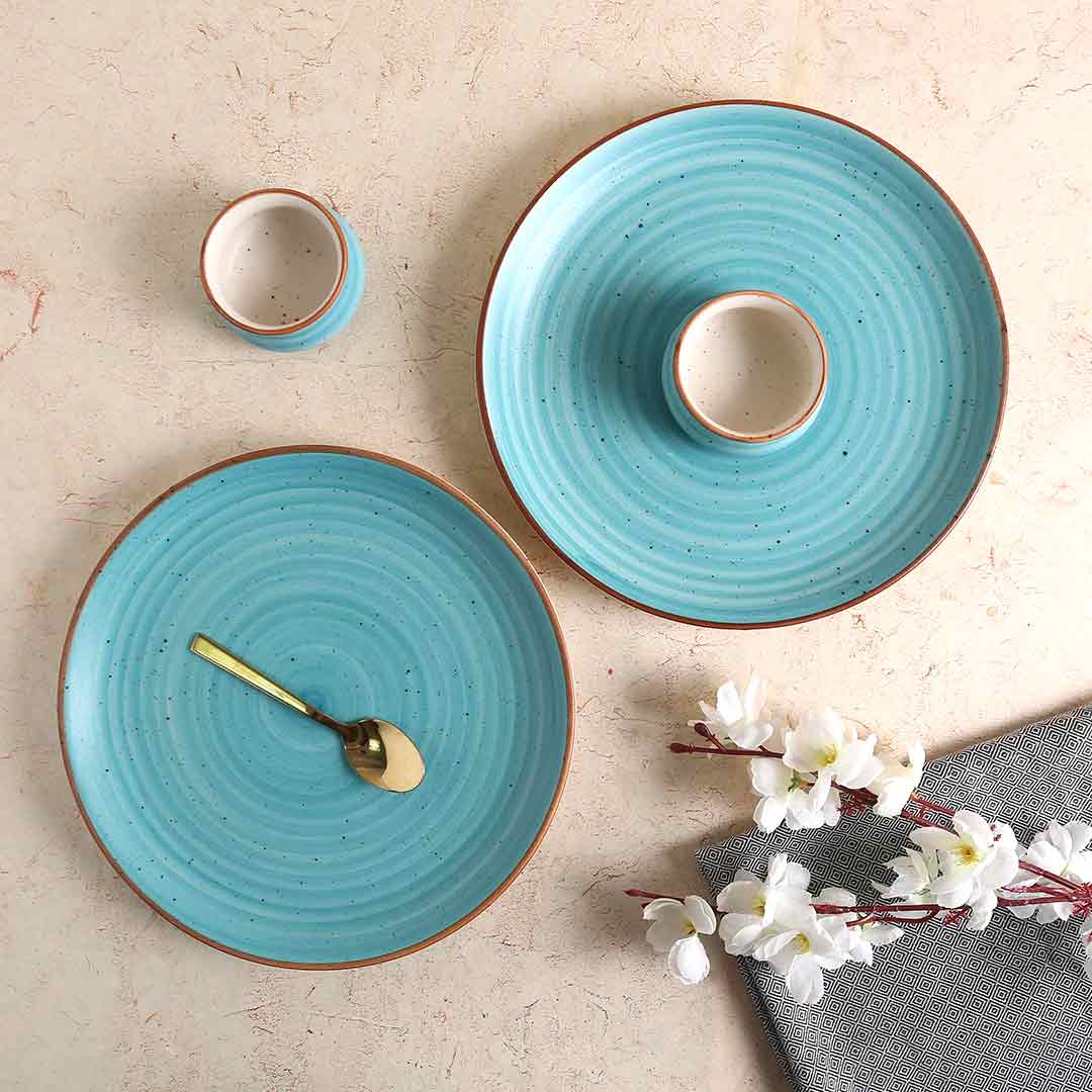 Teramo Stoneware 10" plate Blue (Set of 2) and Vati 8cm x 4 cm ht Blue (Set of 2)