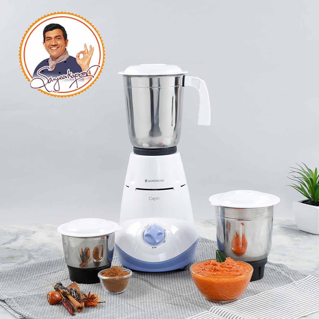 Wonderchef Capri Mixer Grinder 500W With 3 Stainless Steel Jars (White & Blue)