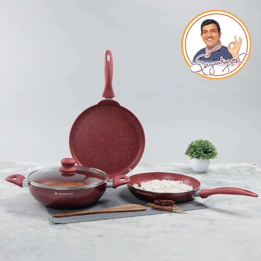 Garnet Non-stick Cookware Set, 4Pc (Wok with Lid, Fry Pan, Dosa Tawa), Induction Bottom, Soft Touch Handle, Pure Grade Aluminium, PFOA/Heavy Metals Free, 2.5mm, 2 Years Warranty, Red