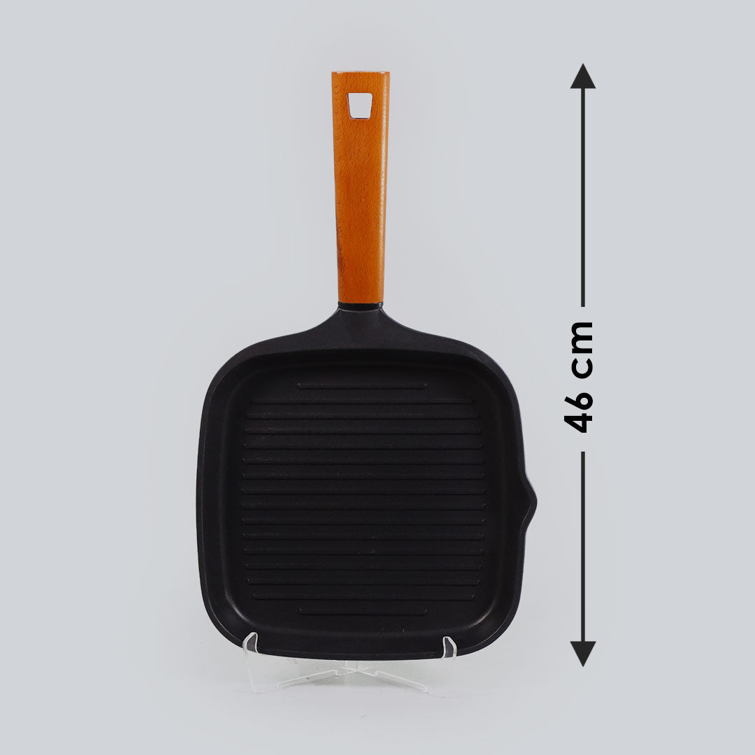 Caesar Non-stick Grill Pan With Wooden Handle, Pure Grade Aluminium, Induction Friendly, 24cm, 1.4L, 5mm, 5 Years Warranty, Black