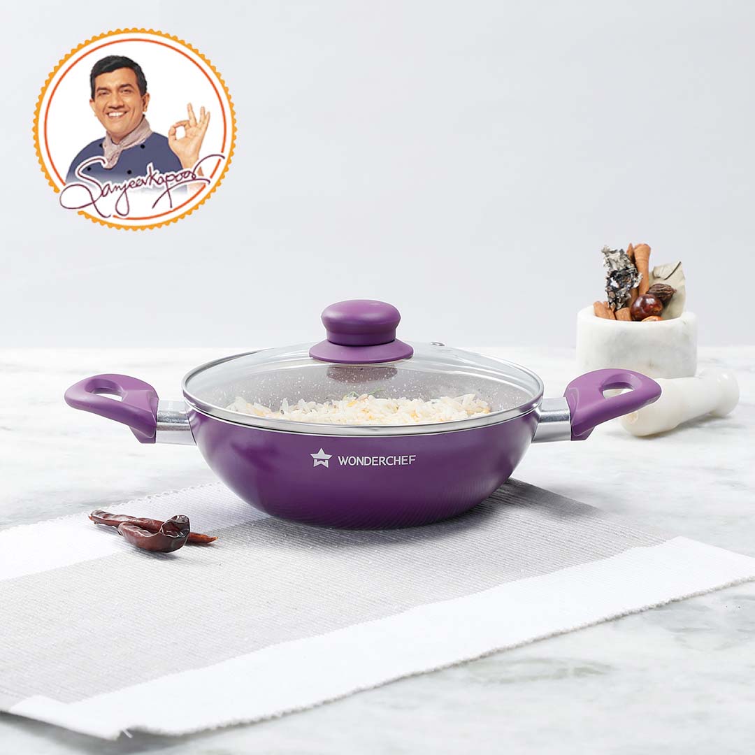 Royal Velvet Non-stick Wok with Lid, Induction bottom, Soft-touch handle, Virgin grade aluminium, PFOA/Heavy metals free, 3 mm, 2 years warranty, Purple