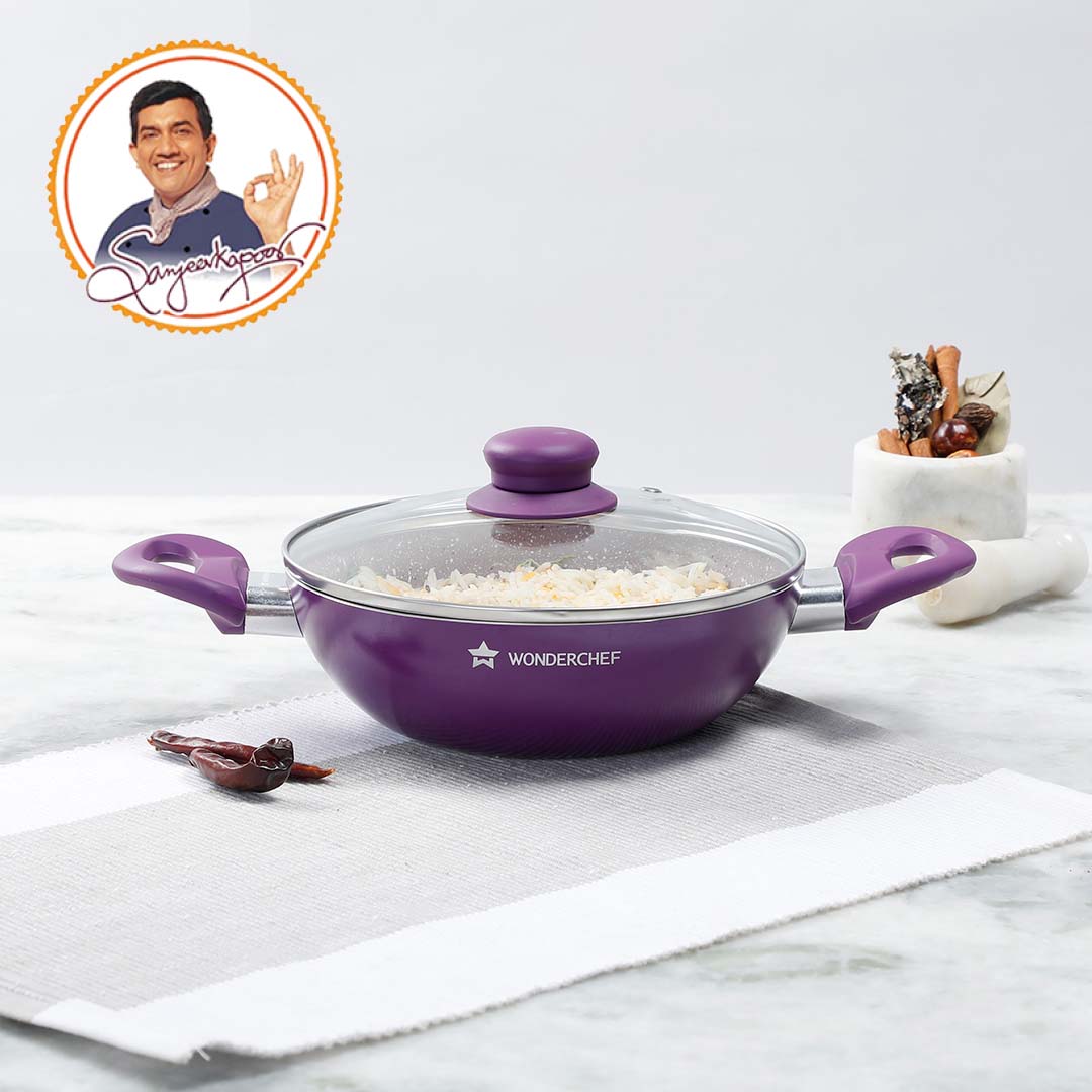 Royal Velvet Non-stick Wok with Lid, Induction bottom, Soft-touch handle, Virgin grade aluminium, PFOA/Heavy metals free, 3 mm, 2 years warranty, Purple