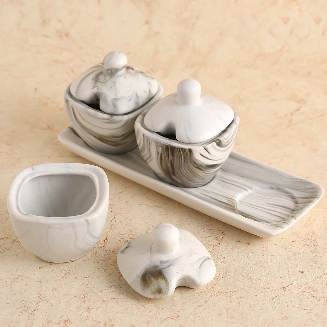 Teramo Stoneware 3pcs Pickle Set with Lid & Tray - Marble White