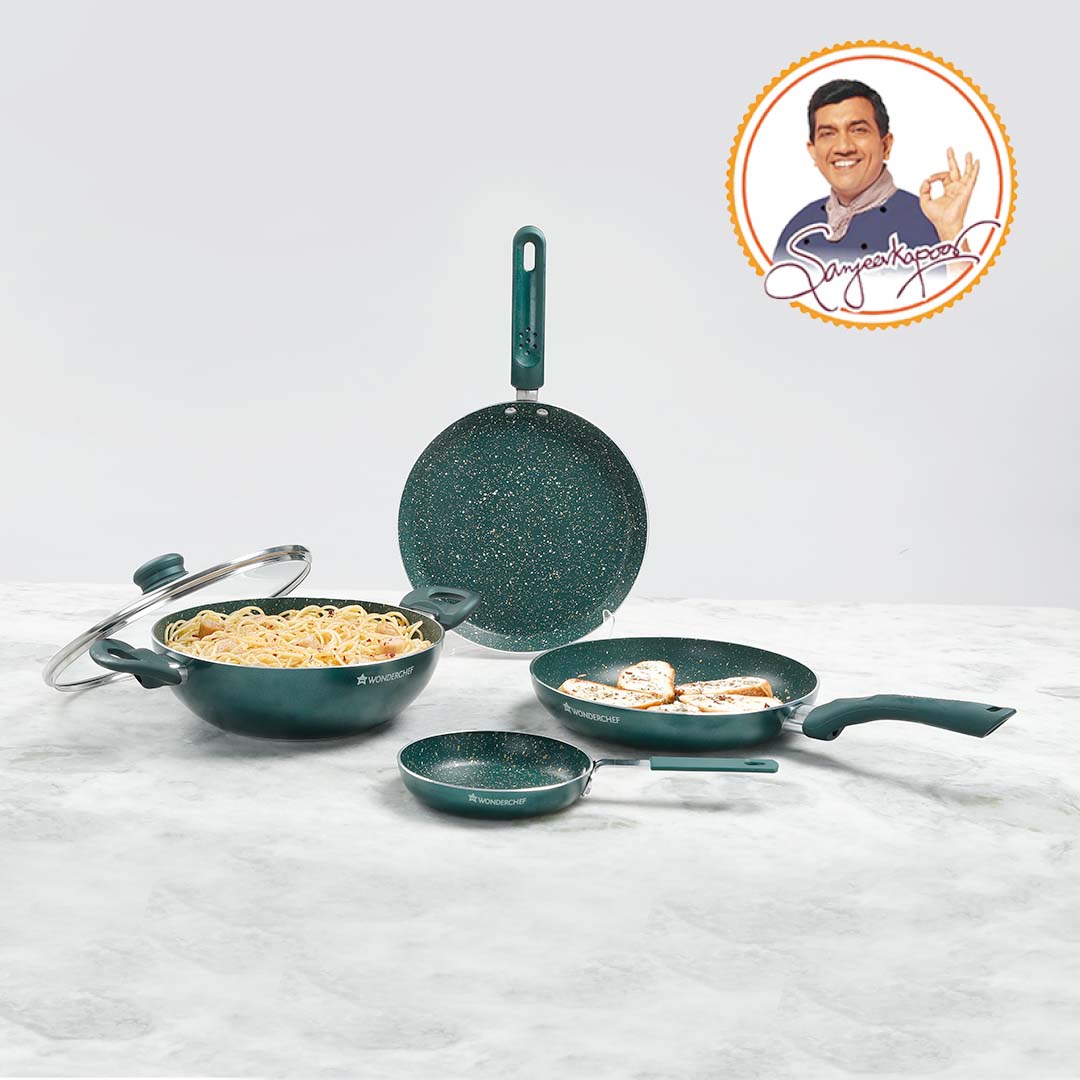 Royal Velvet Non-stick Cookware Set, 5Pc (Fry Pan with Lid, Wok, Dosa Tawa, Mini Fry Pan) Induction bottom, Soft-touch handles, Virgin Grade Aluminium, PFOA/Heavy Metals Free, 2 Years Warranty, Olive Green